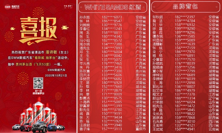 双11实力宠粉 斯威汽车50瓶飞天茅台免费抽！