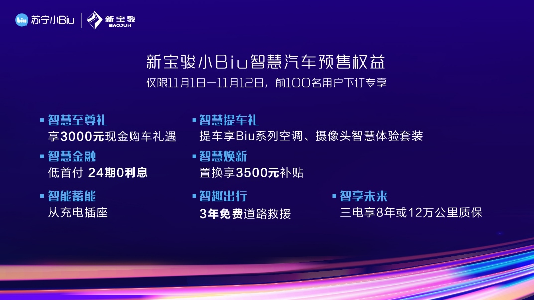 苏宁双十一百亿补贴加持!新宝骏小Biu智慧汽车预售福利享不停