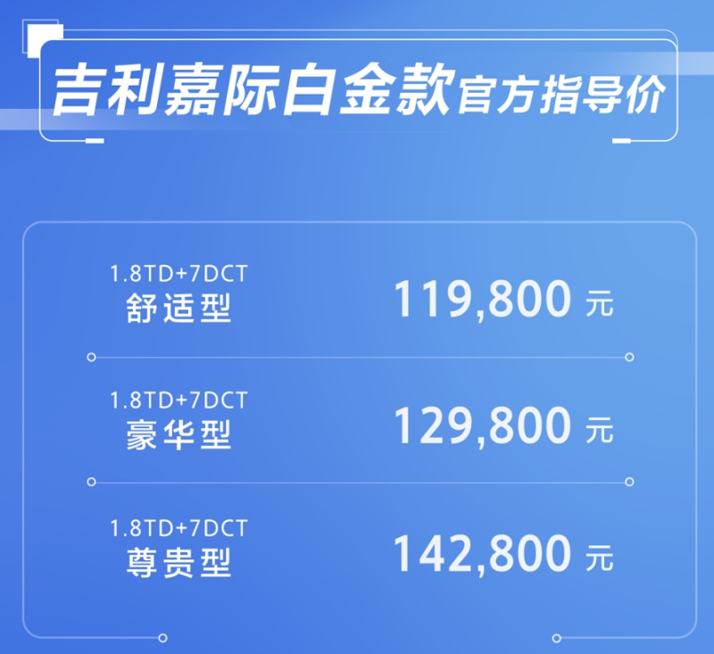 售价11.98万元起 白金舒享MPV吉利嘉际白金款正式上市