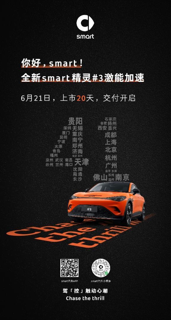 全新smart精灵#3上市20天 于全国41城开启首批交付