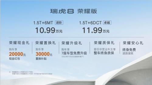 加持“5大产品冠军”+“3大市场冠军”，瑞虎8 荣耀版超值上市，售10.99万元起