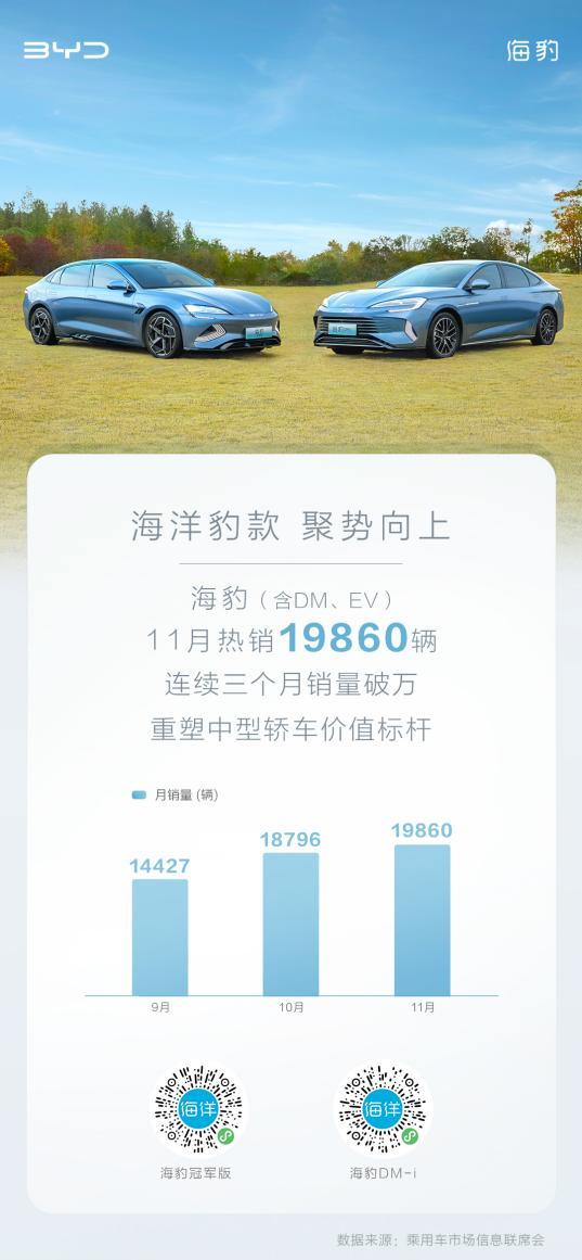 出道即热销、连续两月强势破万，海豹DM-i 11月销量12011辆