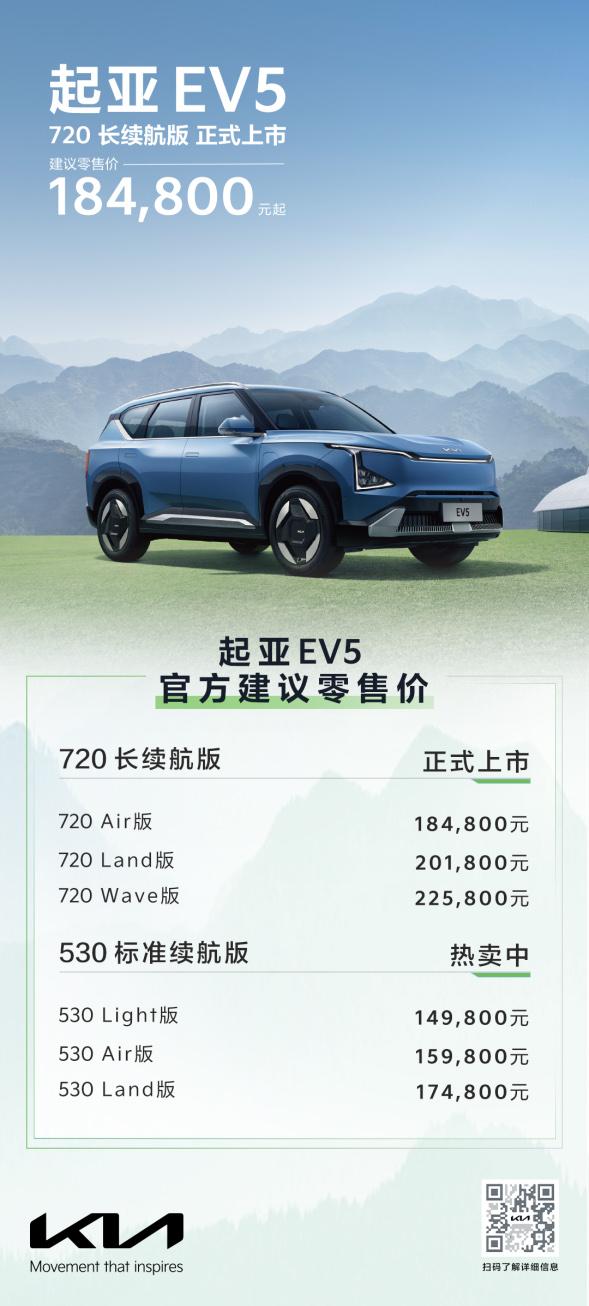 起亚EV5 720长续航版进阶上市，官方建议零售价18.48万元起