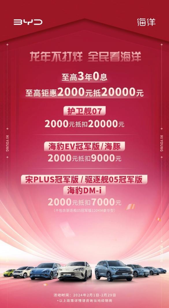 比亚迪驱逐舰05冠军版1月销售3450辆，新春惠购限时2000元抵7000元