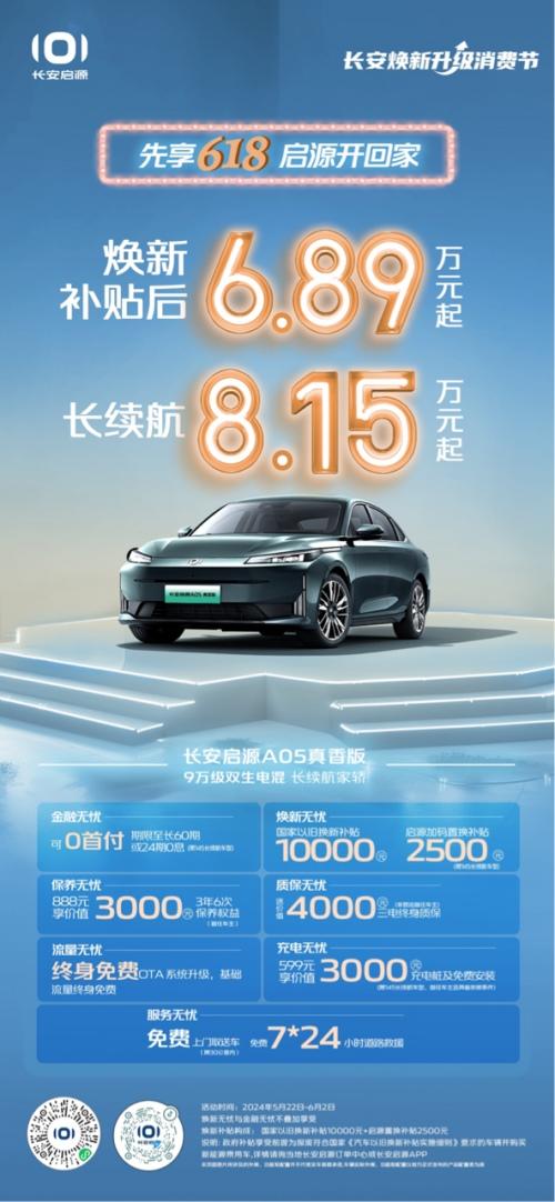 618优惠不打烊,长安启源A05真香版多重好礼乐享不停