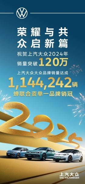 再夺合资单一品牌销冠 上汽大众大众品牌2024年度销量突破114万辆