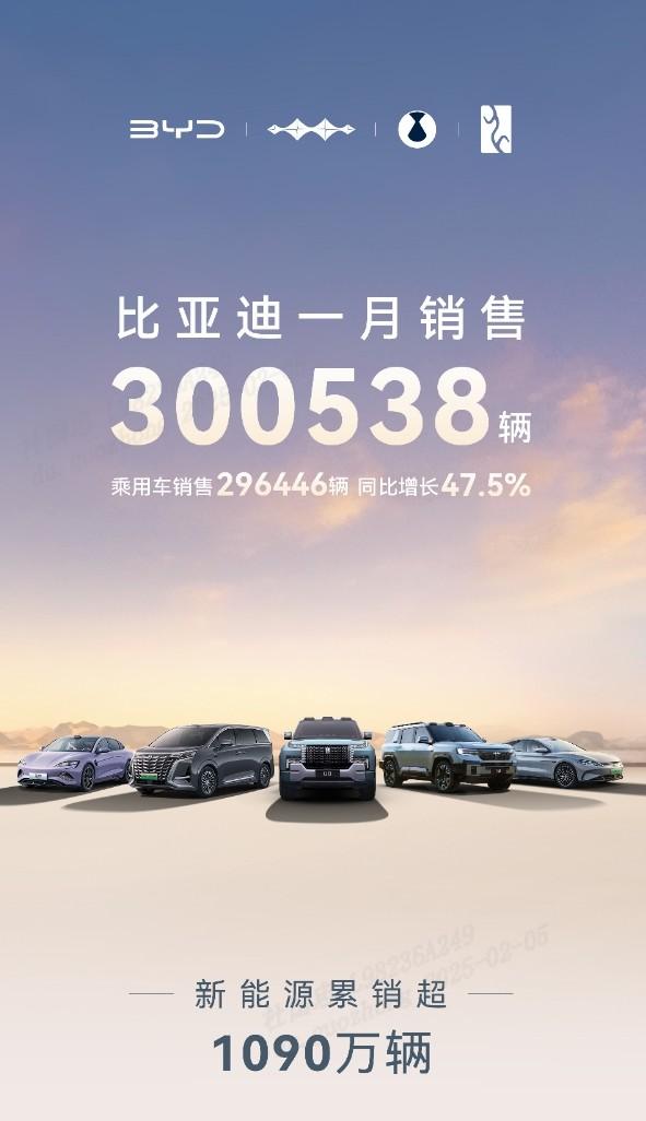 中国销冠 比亚迪25年1月销售30万台