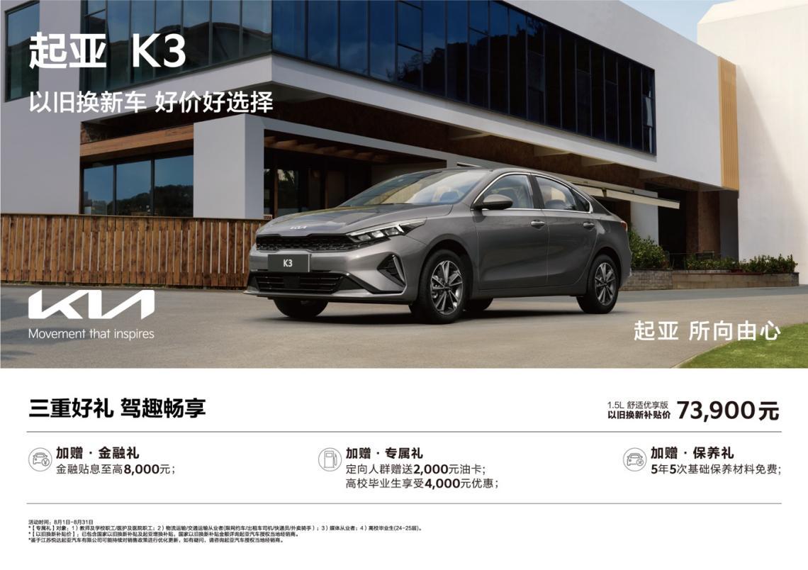 超值购车钜惠来袭!悦达起亚8月以旧换新补贴价低至5.68万起