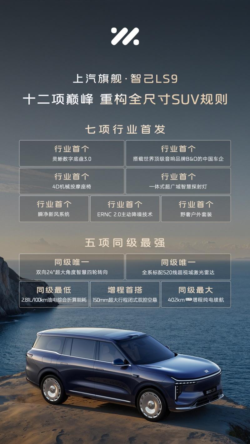 上汽旗舰智己LS9将于11月4日开启预售，以“十二项巅峰”科技，重构全尺寸SUV规则