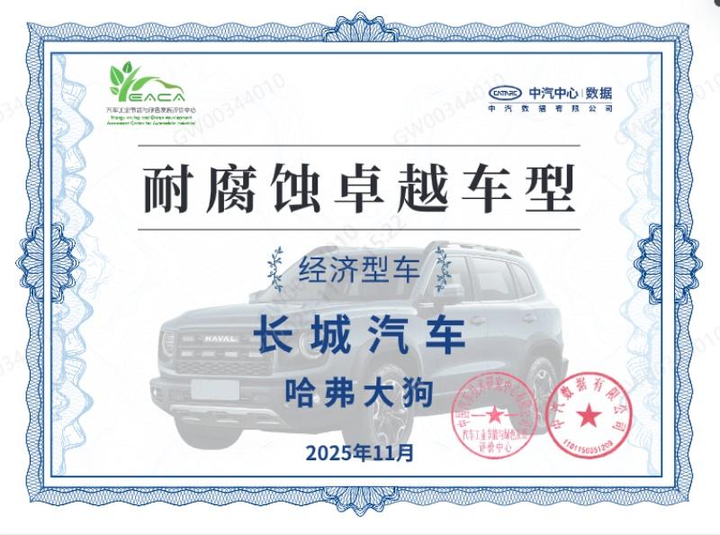 口碑认证 品质之选，哈弗大狗荣获中汽中心2025年耐腐蚀卓越车型认证