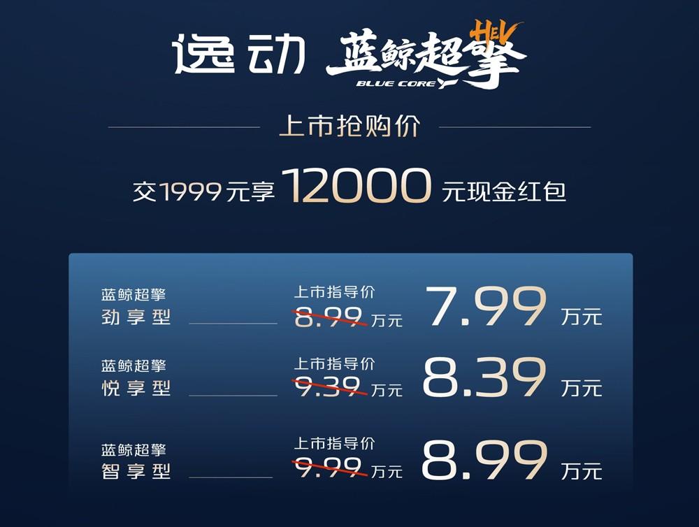 第四代逸动蓝鲸超擎上市交付，三款配置可选，上市抢购价7.99万-8.99万